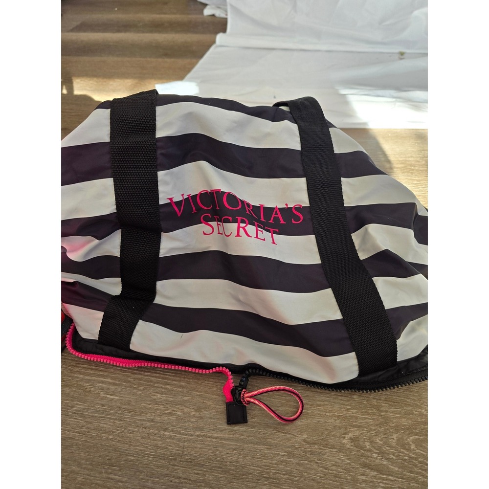 Victoria's Secret Striped Duffel Bag Black White Pink Logo Travel Weekender